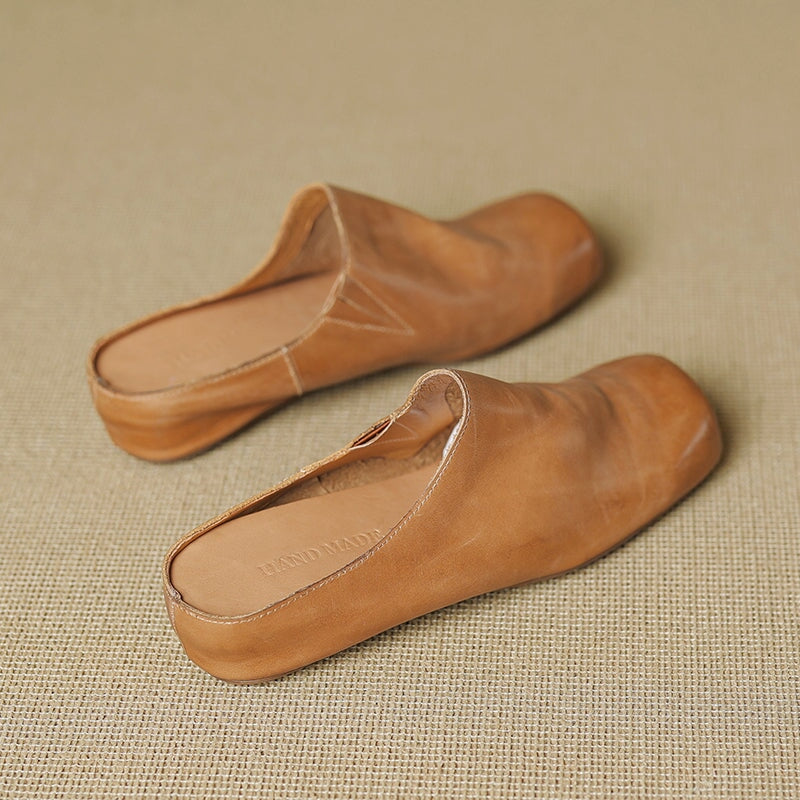 Vintage Handmade Square Toe Horse Leather Mule Slippers with Hidden Lift in Black/Apricot/Grey