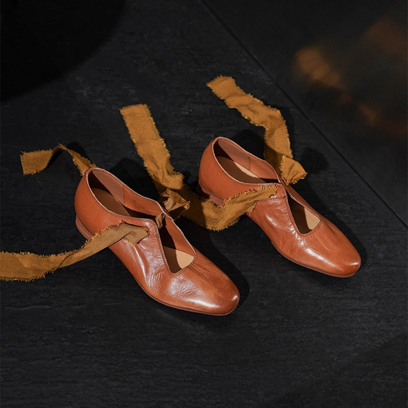 Vintage Handmade Washed Horse Leather Bow Tie Mary Jane Flats in Black/Dark Brown