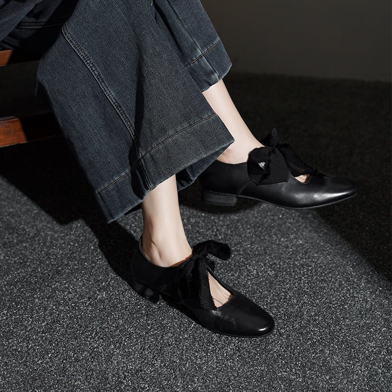 Vintage Handmade Washed Horse Leather Bow Tie Mary Jane Flats in Black/Dark Brown
