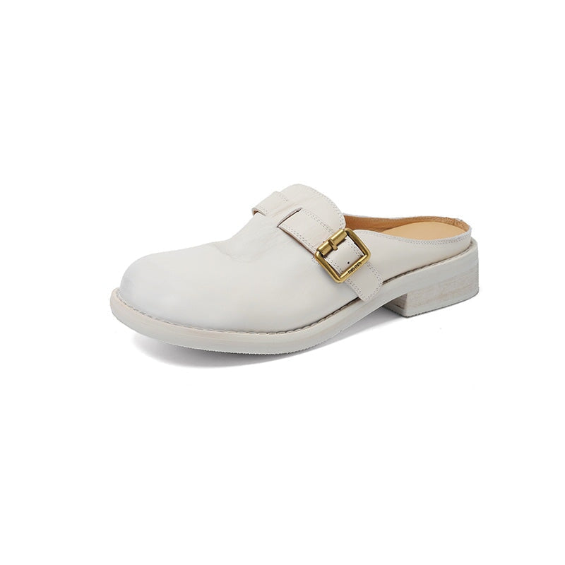 Vintage Leather Buckle Mules for Women Square Toe Backless Loafers in Black/White