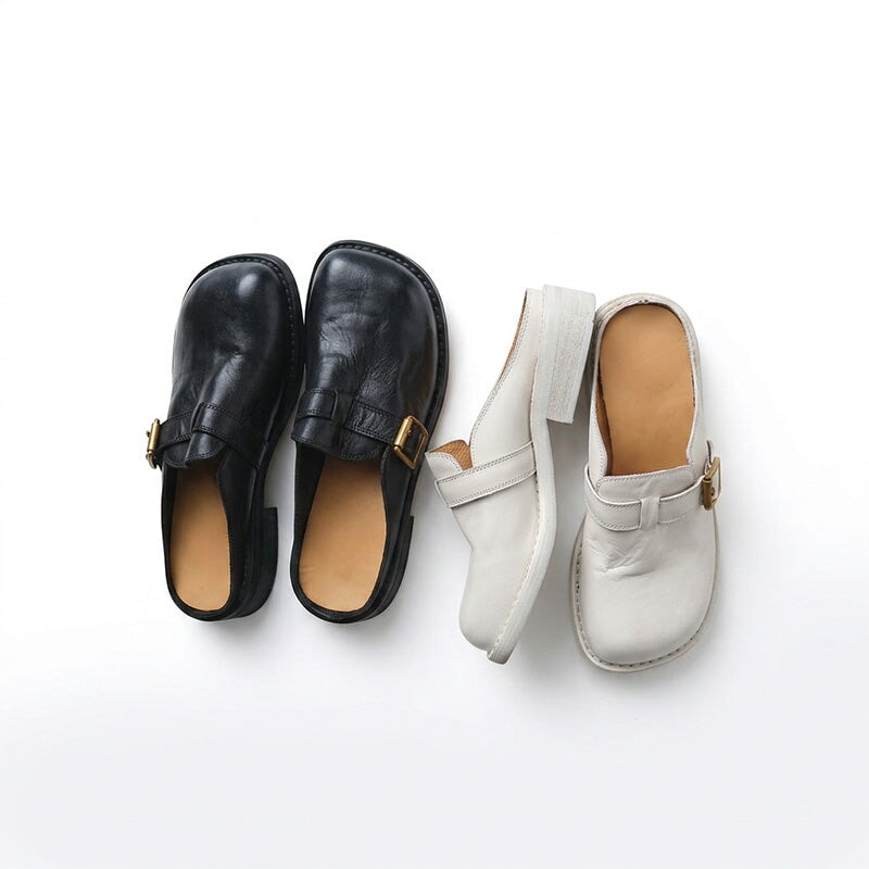 Vintage Leather Buckle Mules for Women Square Toe Backless Loafers in Black/White