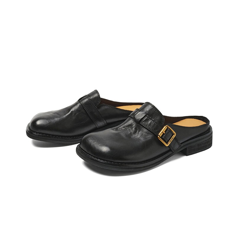 Vintage Leather Buckle Mules for Women Square Toe Backless Loafers in Black/White