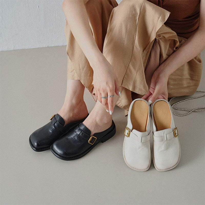Vintage Leather Buckle Mules for Women Square Toe Backless Loafers in Black/White