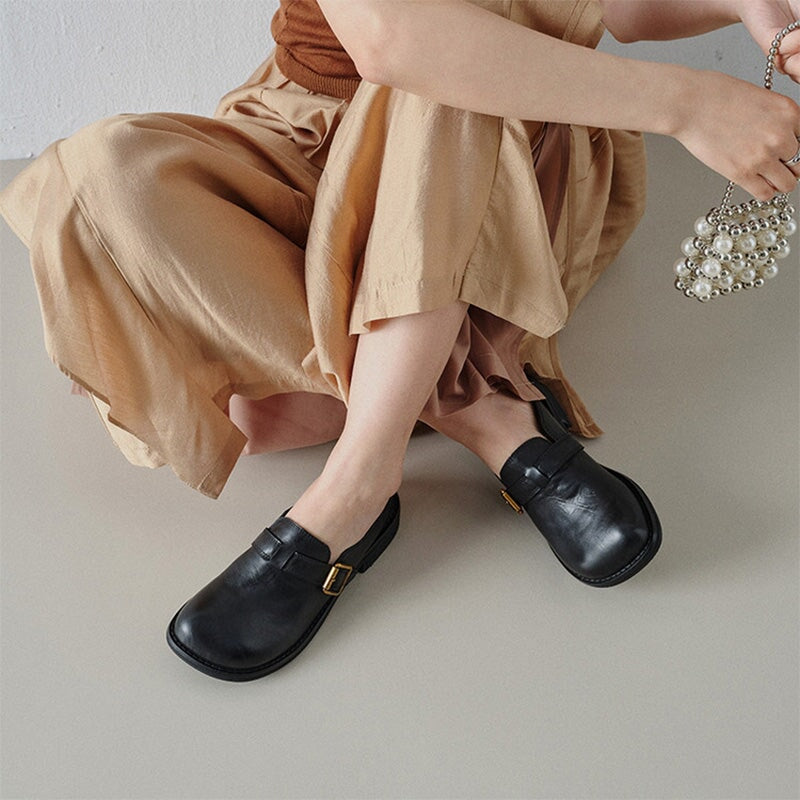 Vintage Leather Buckle Mules for Women Square Toe Backless Loafers in Black/White