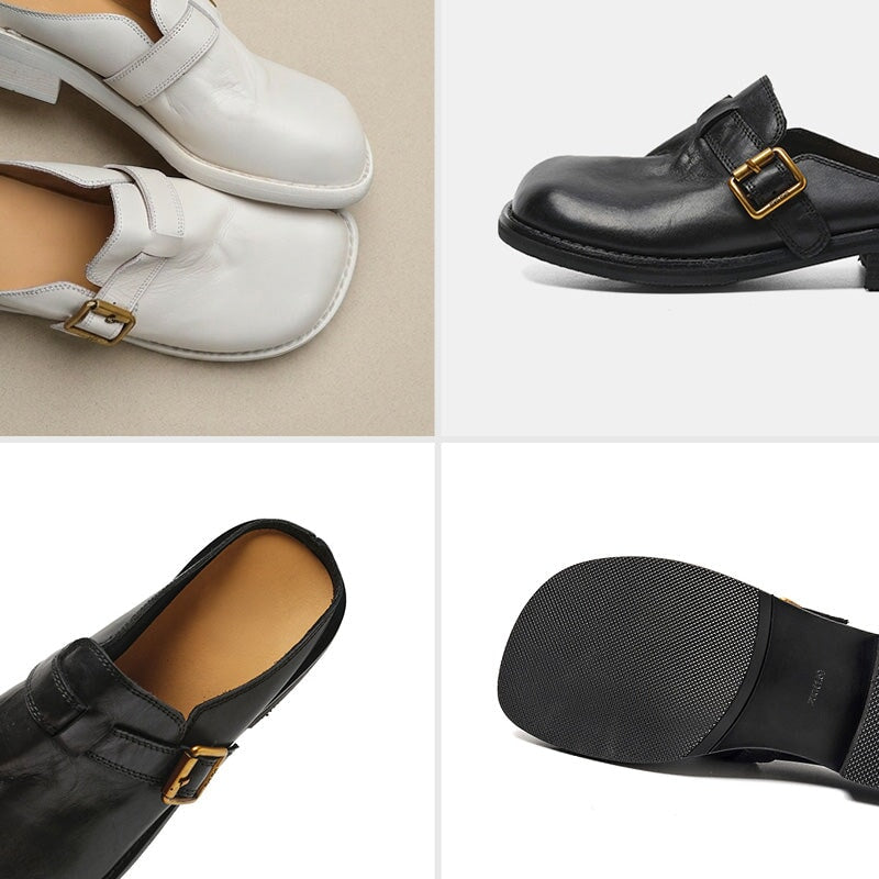 Vintage Leather Buckle Mules for Women Square Toe Backless Loafers in Black/White