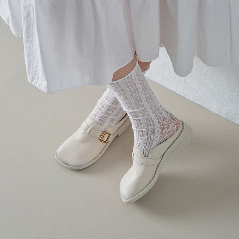 Vintage Leather Buckle Mules for Women Square Toe Backless Loafers in Black/White