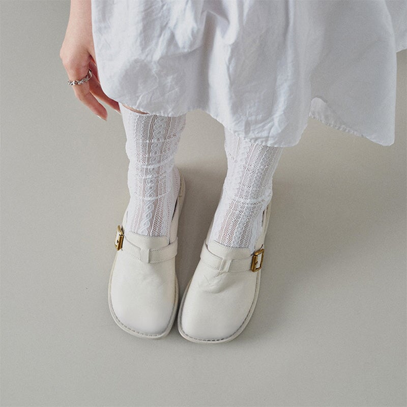 Vintage Leather Buckle Mules for Women Square Toe Backless Loafers in Black/White