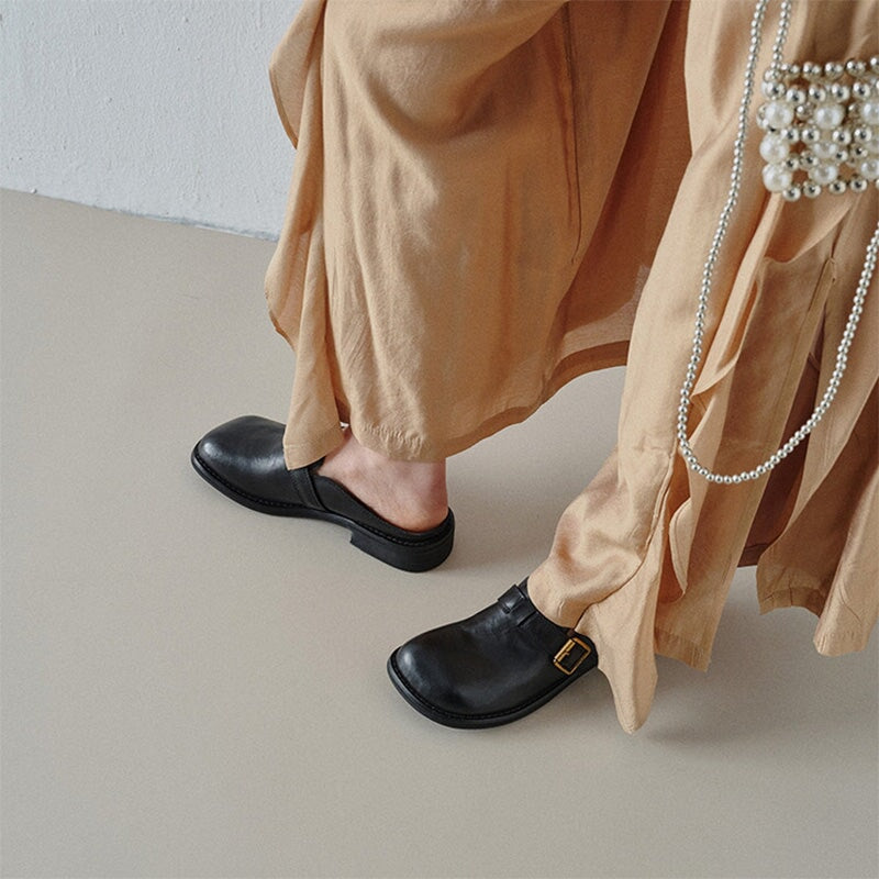 Vintage Leather Buckle Mules for Women Square Toe Backless Loafers in Black/White