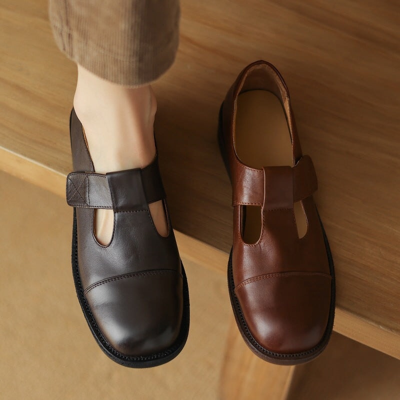 Vintage Leather T-strap Mary Jane Shoes For Women Round Toe in Coffee/Brown