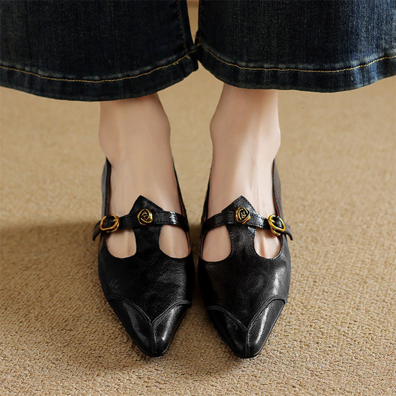 Vintage Leather T-Strap Pointed Toe Mary Jane Shoes in Black/Brown/Angola Red