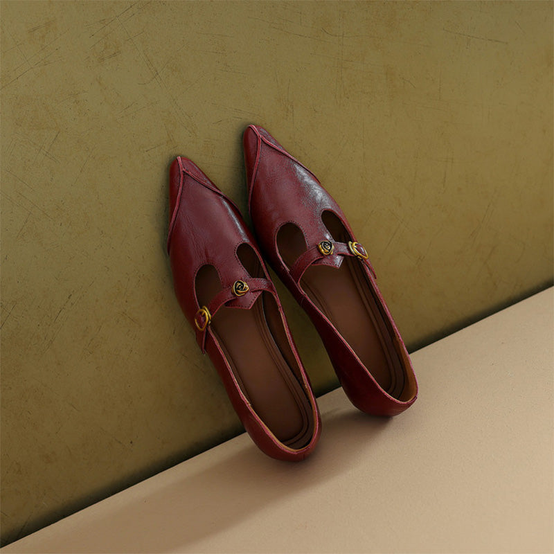Vintage Leather T-Strap Pointed Toe Mary Jane Shoes in Black/Brown/Angola Red