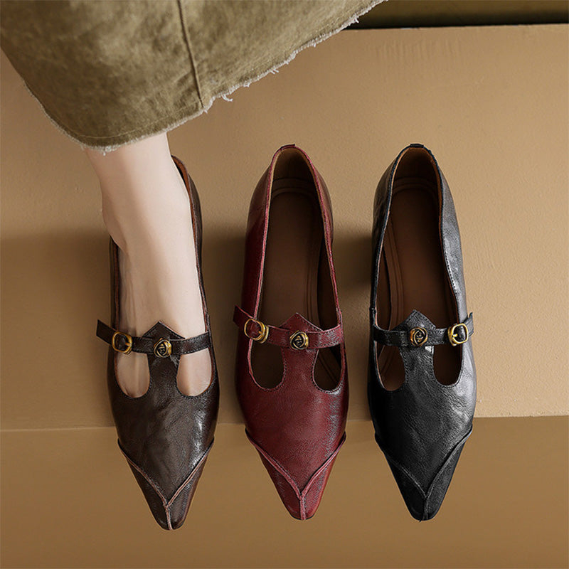 Vintage Leather T-Strap Pointed Toe Mary Jane Shoes in Black/Brown/Angola Red
