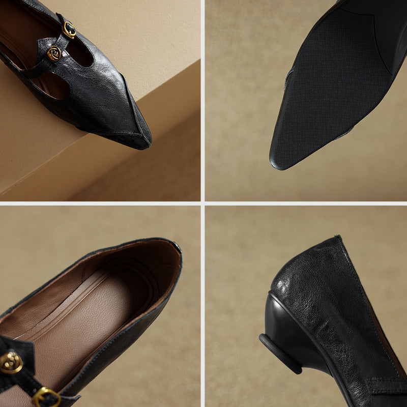 Vintage Leather T-Strap Pointed Toe Mary Jane Shoes in Black/Brown/Angola Red