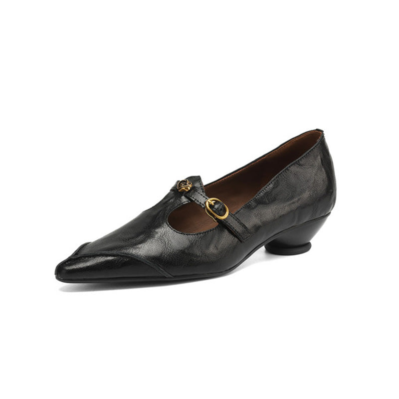 Vintage Leather T-Strap Pointed Toe Mary Jane Shoes in Black/Brown/Angola Red
