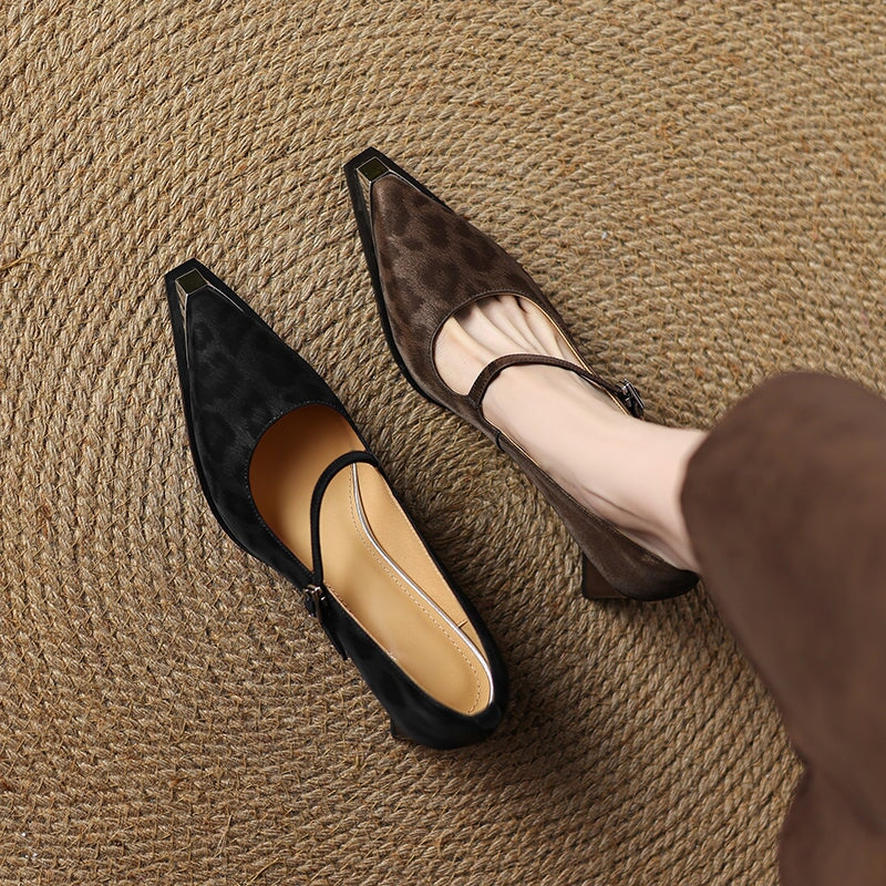 Vintage Leopard Print Almond Toe Mary Jane Block Heel Office Leather Pumps in Black/Coffee