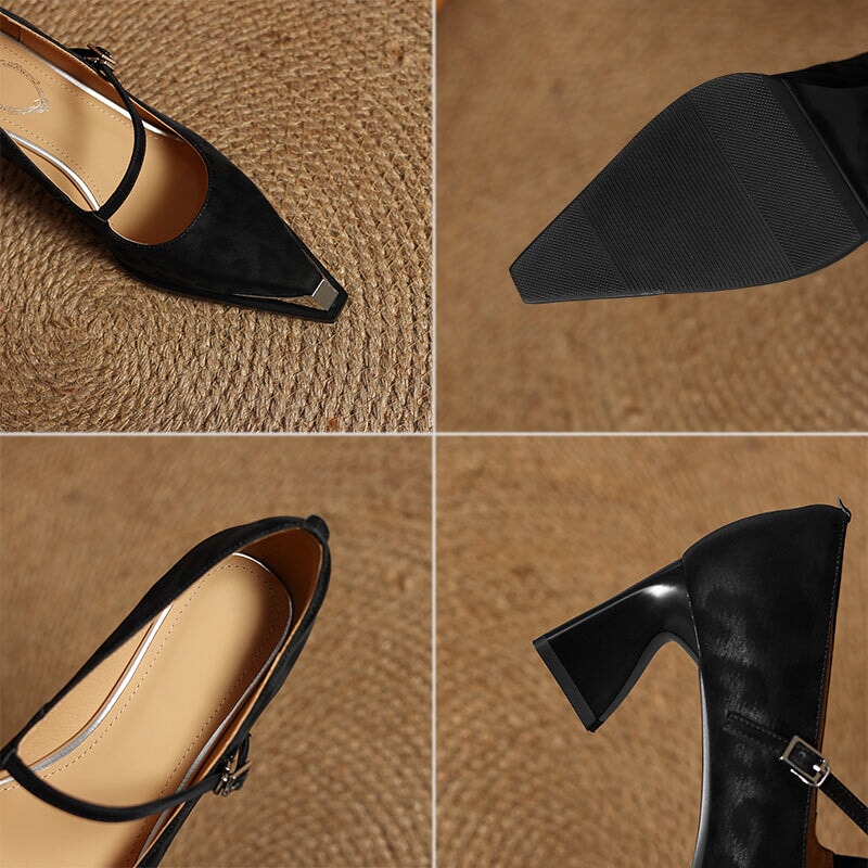 Vintage Leopard Print Almond Toe Mary Jane Block Heel Office Leather Pumps in Black/Coffee