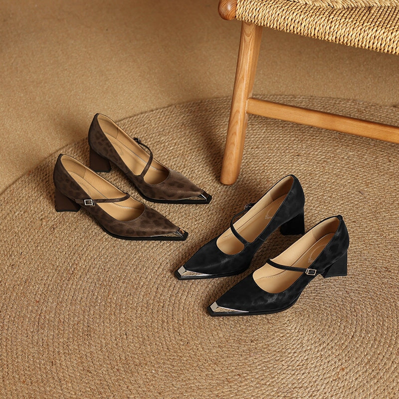 Vintage Leopard Print Almond Toe Mary Jane Block Heel Office Leather Pumps in Black/Coffee