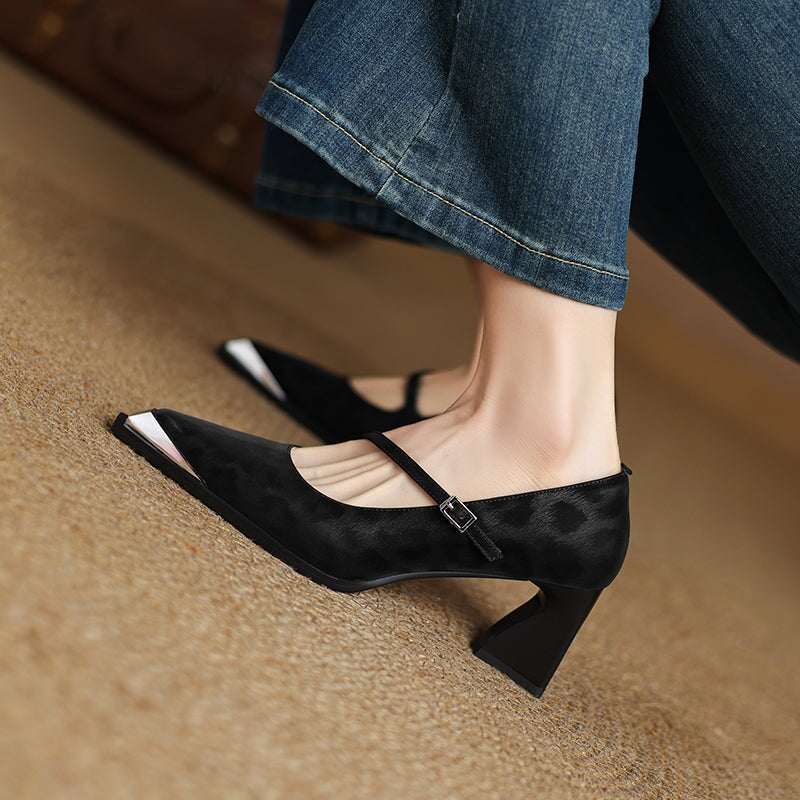 Vintage Leopard Print Almond Toe Mary Jane Block Heel Office Leather Pumps in Black/Coffee