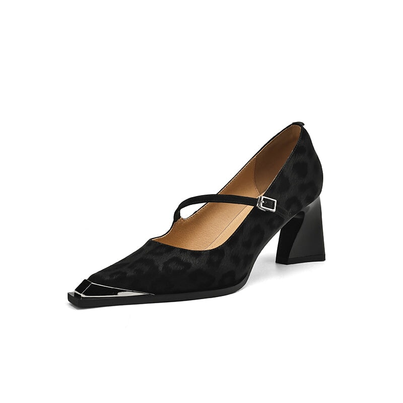 Vintage Leopard Print Almond Toe Mary Jane Block Heel Office Leather Pumps in Black/Coffee
