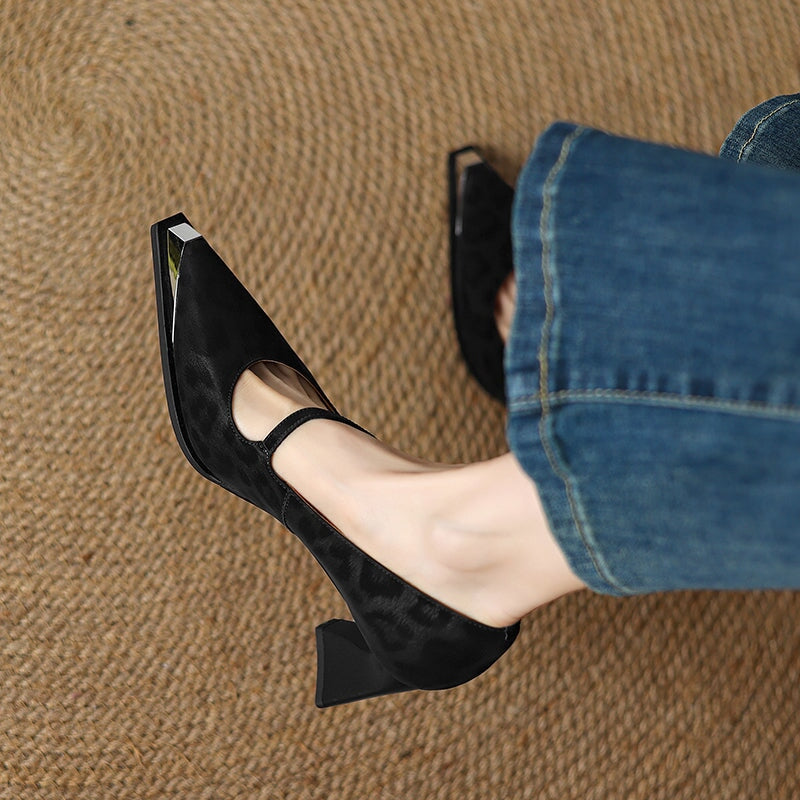 Vintage Leopard Print Almond Toe Mary Jane Block Heel Office Leather Pumps in Black/Coffee