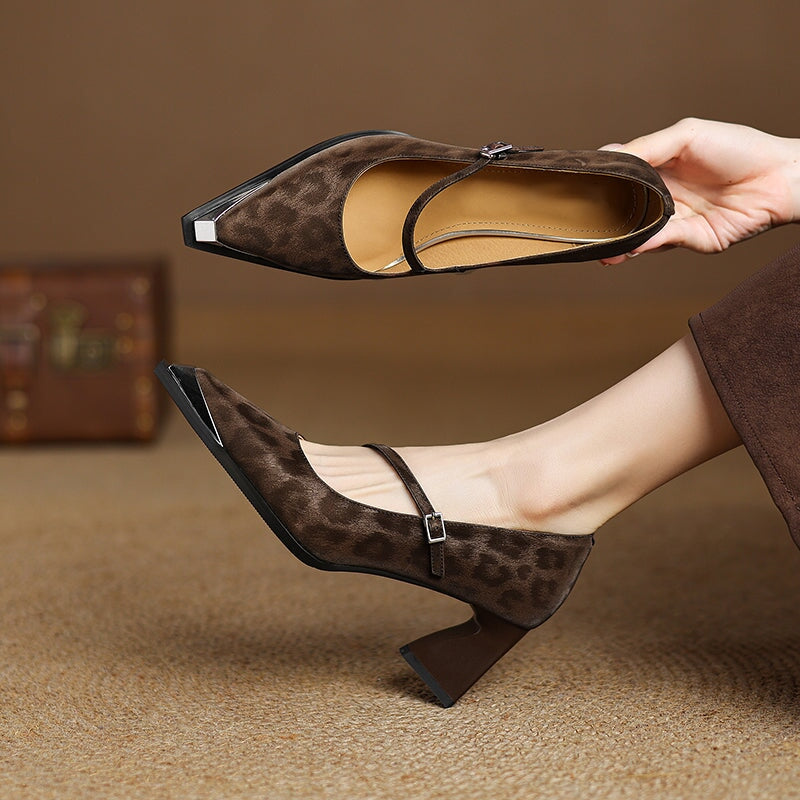 Vintage Leopard Print Almond Toe Mary Jane Block Heel Office Leather Pumps in Black/Coffee
