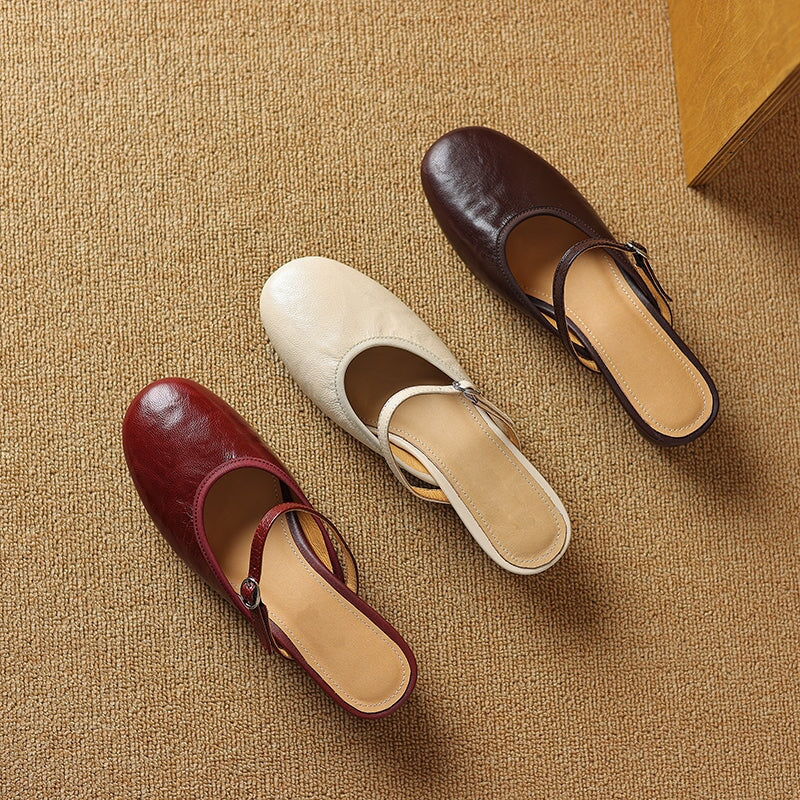 Vintage Mary Jane Mule Heels Sheepskin Block Heel Slippers for Women in Red/Beige/Brown
