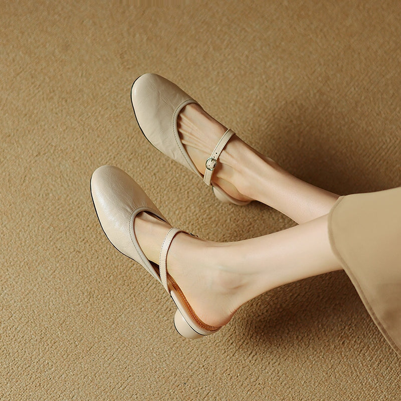 Vintage Mary Jane Mule Heels Sheepskin Block Heel Slippers for Women in Red/Beige/Brown
