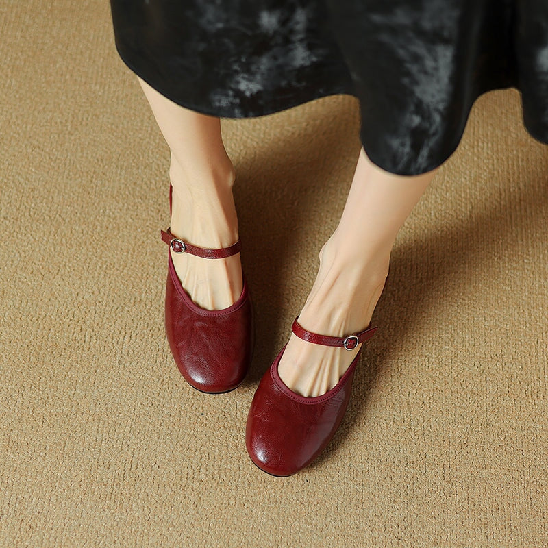 Vintage Mary Jane Mule Heels Sheepskin Block Heel Slippers for Women in Red/Beige/Brown
