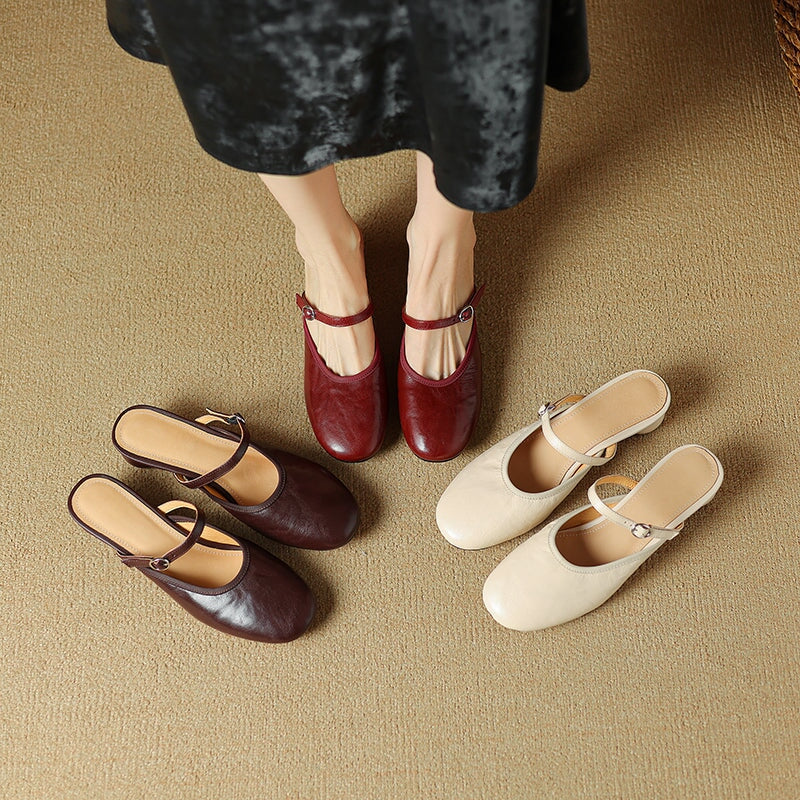 Vintage Mary Jane Mule Heels Sheepskin Block Heel Slippers for Women in Red/Beige/Brown