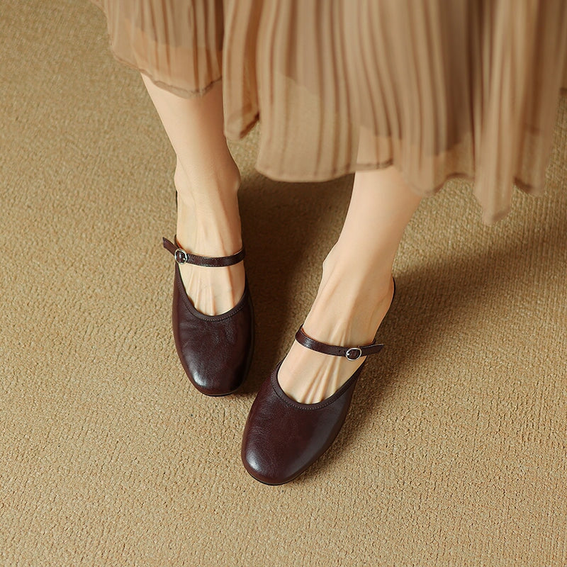 Vintage Mary Jane Mule Heels Sheepskin Block Heel Slippers for Women in Red/Beige/Brown