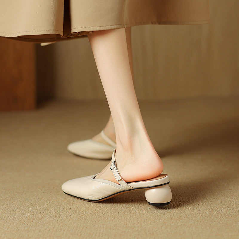 Vintage Mary Jane Mule Heels Sheepskin Block Heel Slippers for Women in Red/Beige/Brown