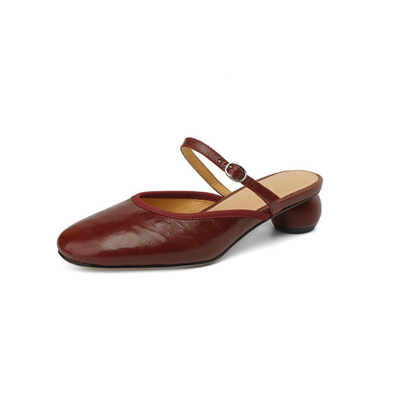 Vintage Mary Jane Mule Heels Sheepskin Block Heel Slippers for Women in Red/Beige/Brown