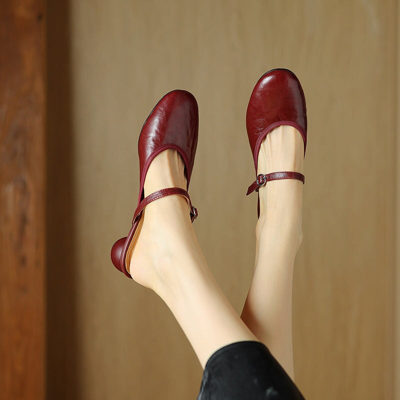 Vintage Mary Jane Mule Heels Sheepskin Block Heel Slippers for Women in Red/Beige/Brown