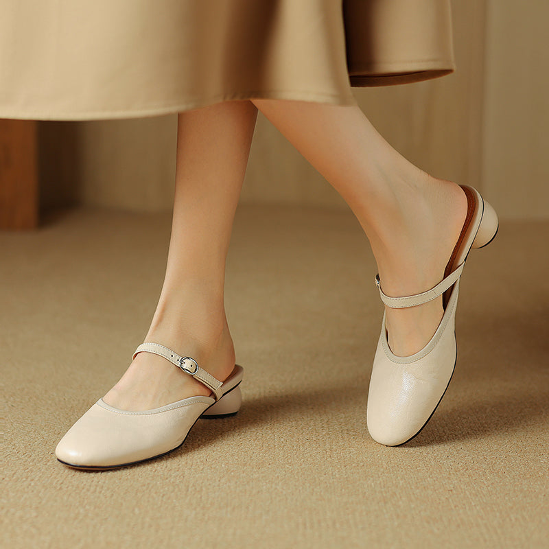 Vintage Mary Jane Mule Heels Sheepskin Block Heel Slippers for Women in Red/Beige/Brown