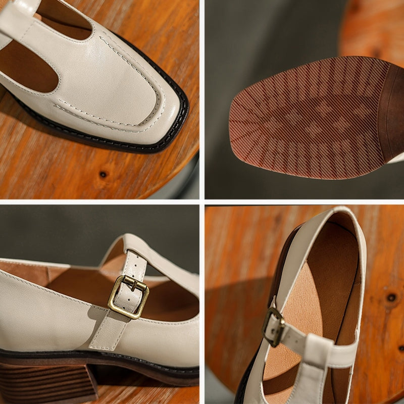 Vintage Mary Jane Pumps Square Toe T-Strap Leather Shoes with Buckle in Light Brown/Dark Brown/Beige
