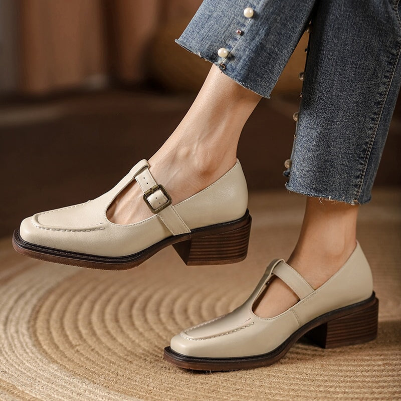 Vintage Mary Jane Pumps Square Toe T-Strap Leather Shoes with Buckle in Light Brown/Dark Brown/Beige