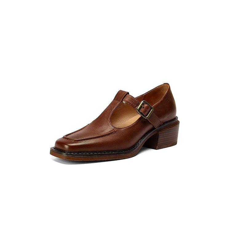 Vintage Mary Jane Pumps Square Toe T-Strap Leather Shoes with Buckle in Light Brown/Dark Brown/Beige