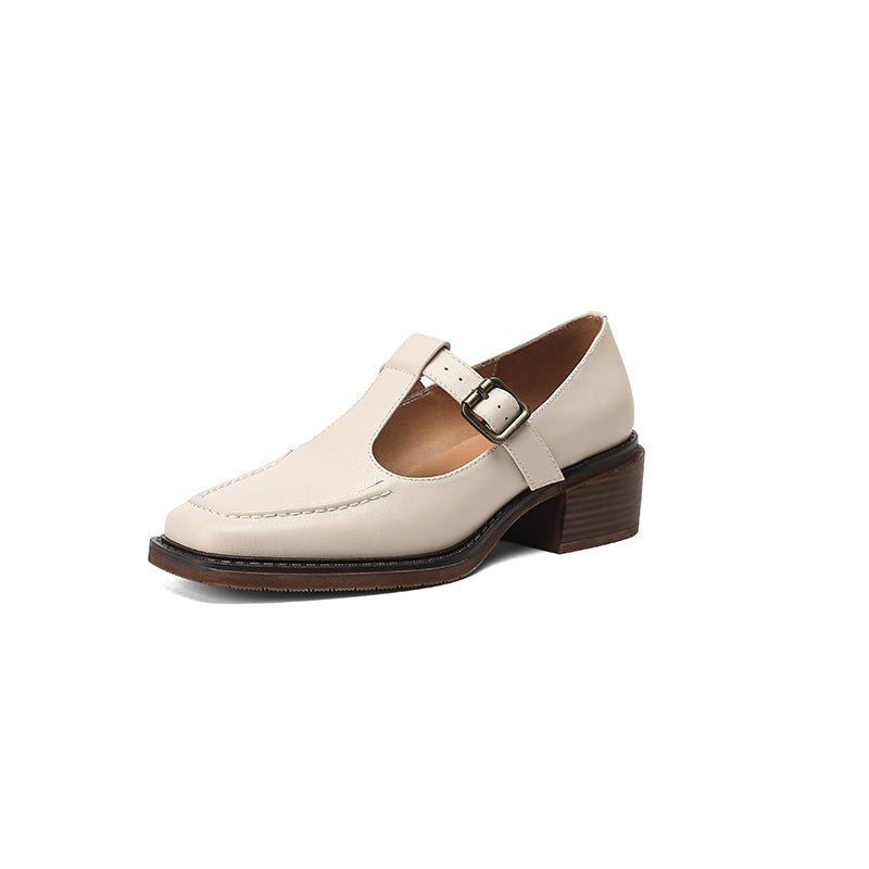 Vintage Mary Jane Pumps Square Toe T-Strap Leather Shoes with Buckle in Light Brown/Dark Brown/Beige