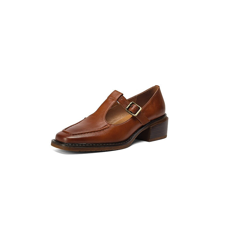 Vintage Mary Jane Pumps Square Toe T-Strap Leather Shoes with Buckle in Light Brown/Dark Brown/Beige
