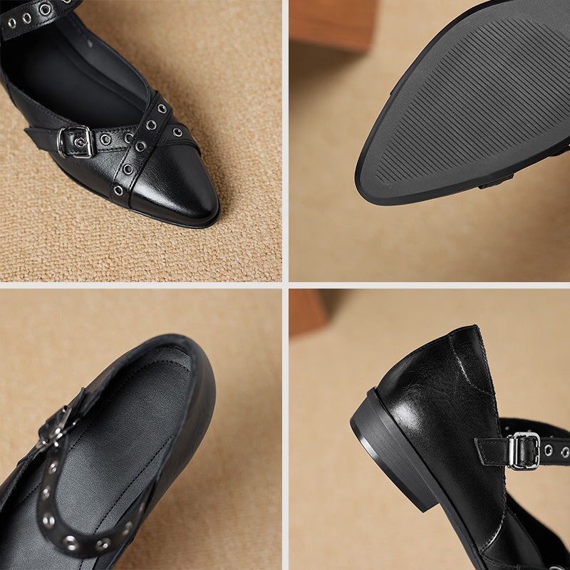 Vintage Pointed Toe Mary Jane Flats Crisscross Strap Leather Eyelet Shoes in Black/Apricot