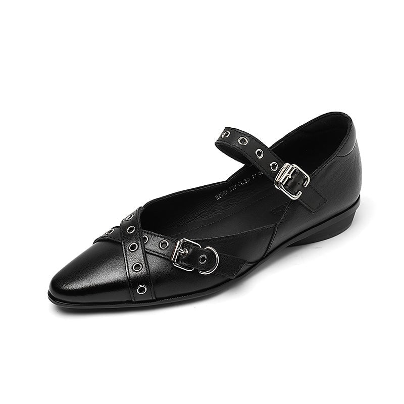 Vintage Pointed Toe Mary Jane Flats Crisscross Strap Leather Eyelet Shoes in Black/Apricot