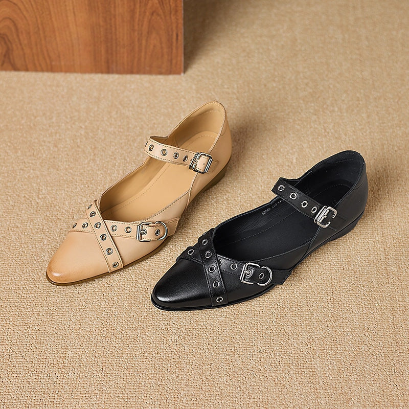 Vintage Pointed Toe Mary Jane Flats Crisscross Strap Leather Eyelet Shoes in Black/Apricot