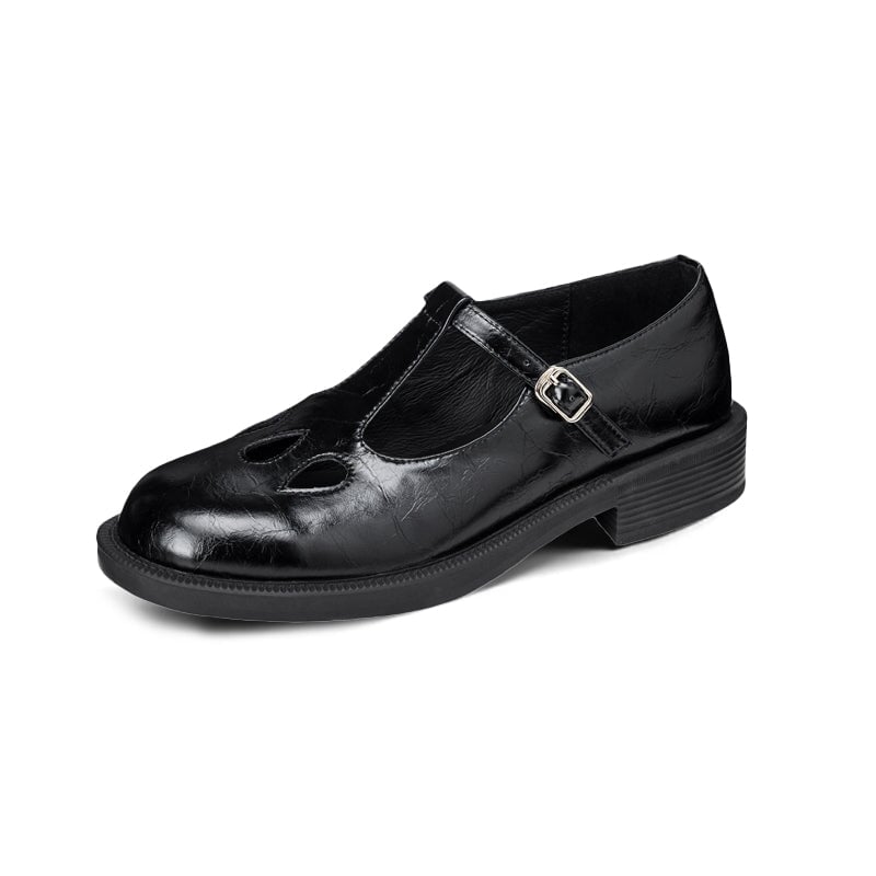 Vintage Preppy Style Cowhide T-Strap Mary Jane Shoes for Women in Black/Brown