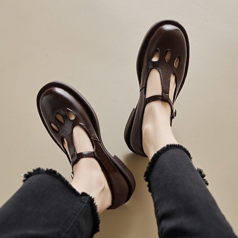 Vintage Preppy Style Cowhide T-Strap Mary Jane Shoes for Women in Black/Brown