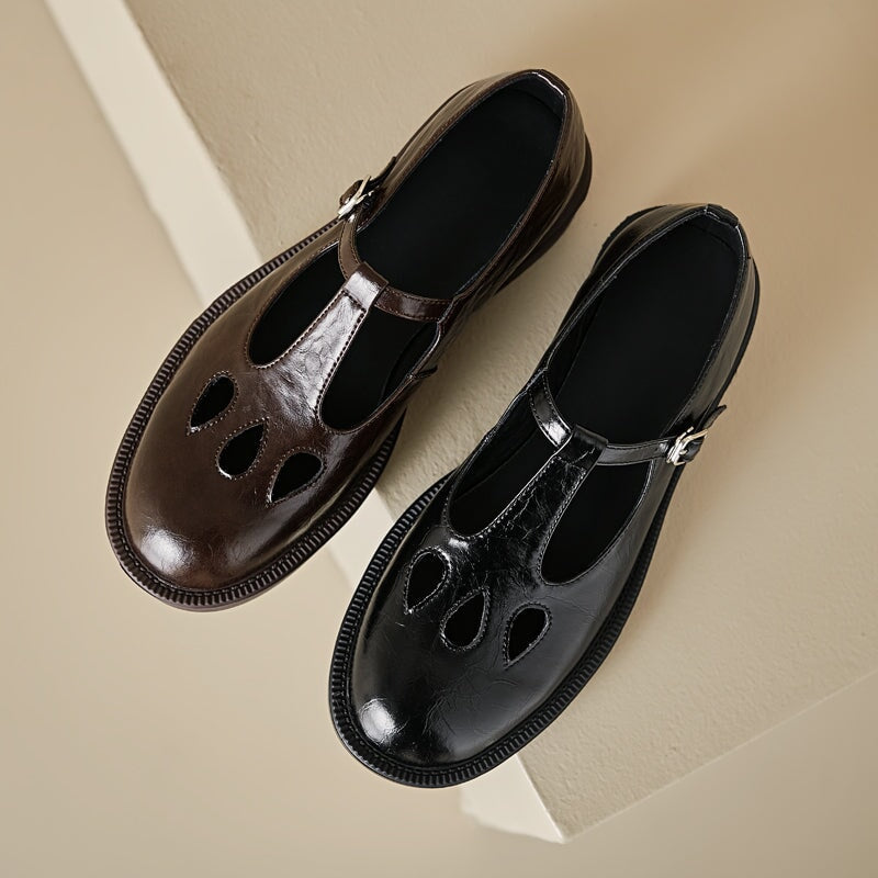 Vintage Preppy Style Cowhide T-Strap Mary Jane Shoes for Women in Black/Brown