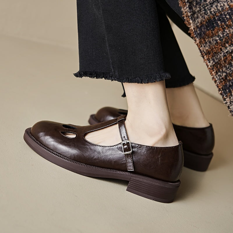 Vintage Preppy Style Cowhide T-Strap Mary Jane Shoes for Women in Black/Brown