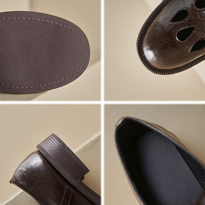 Vintage Preppy Style Cowhide T-Strap Mary Jane Shoes for Women in Black/Brown
