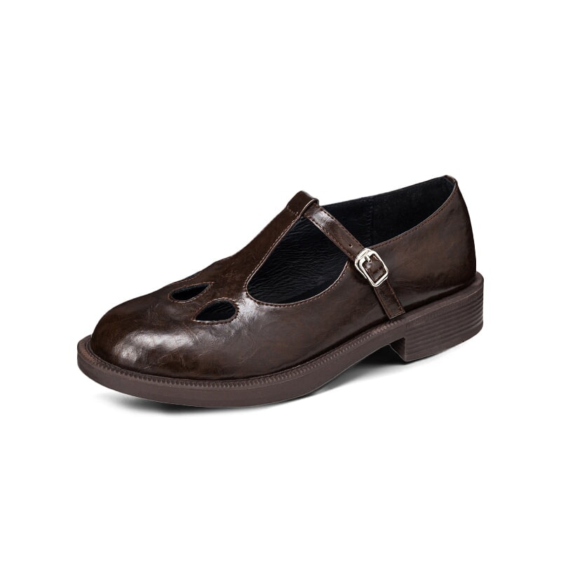 Vintage Preppy Style Cowhide T-Strap Mary Jane Shoes for Women in Black/Brown