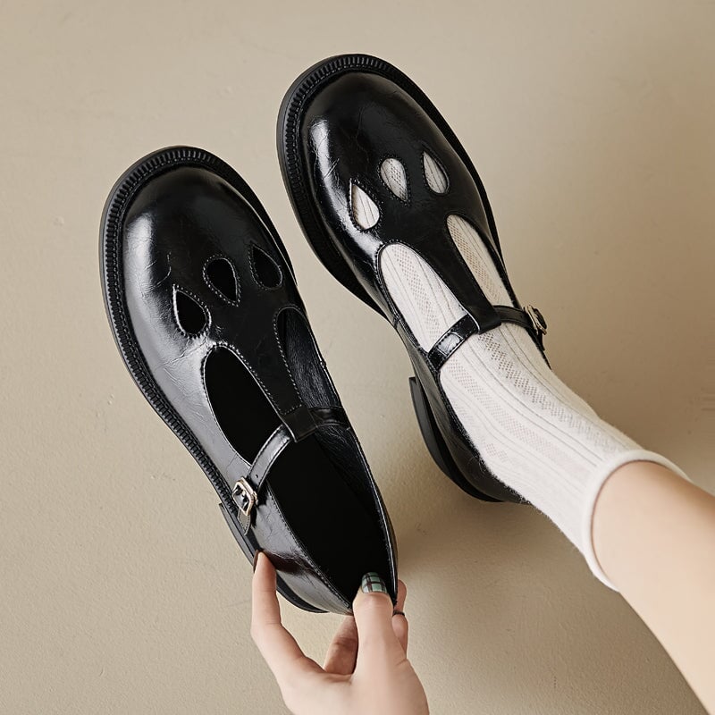 Vintage Preppy Style Cowhide T-Strap Mary Jane Shoes for Women in Black/Brown