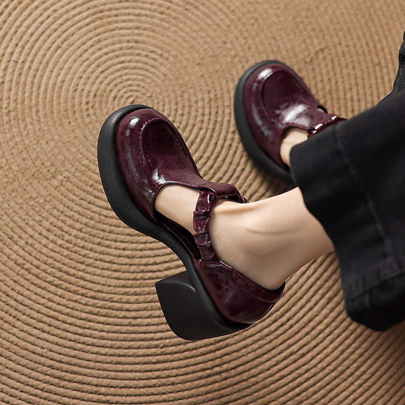 Vintage Ruched T-Strap Mary Jane Heels 80mm Chunky Platform Block Heel Sandals in Wine Red/Black